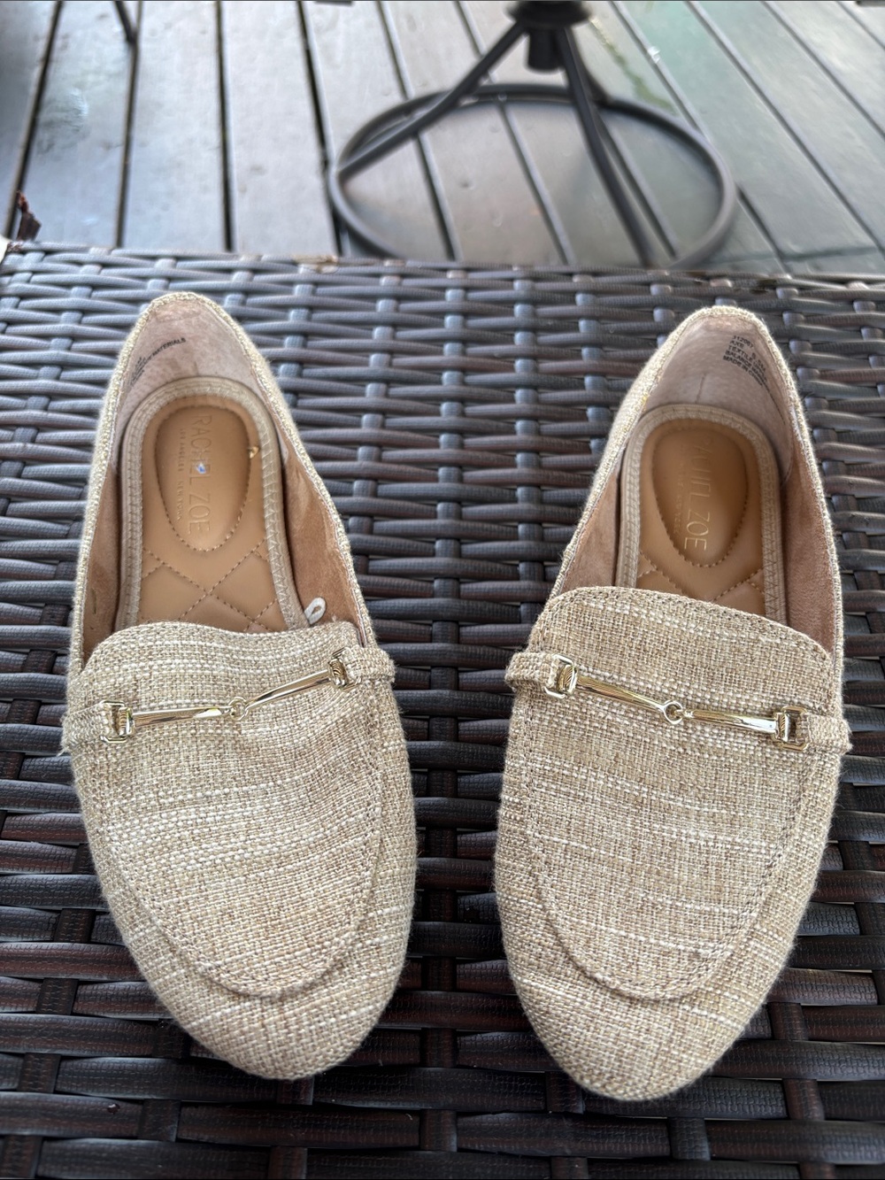 Rachel Zoe Beige Woven Loafers with Gold Bit